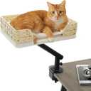 PAWZ Road Cat Desk Bed for Indoor Cats, Wicker Cat Bed for Desk Supports Up to 50 lbs, 360 Rotation & Adjustable Soft Plush Cats Hammock for Desktop, White (Beige)