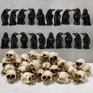 KatchOn Miniature Crows and Skulls  Pack of 40 | Halloween Decor Indoor, Outdoor | Halloween Decorations & Party Supplies | Skull Heads, Realistic Birds Decoration for Spooky Decor (Black & Brown)