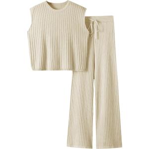 Imily Bela Womens 2 Piece Outfits Sleeveless Ribbed Knit Tops Wide Leg Pants Summer Vacation Sweater Matching Lounge Sets (L)