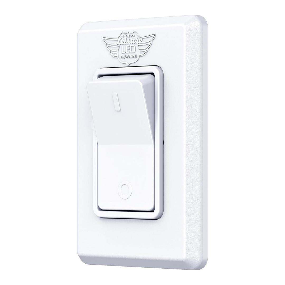 Leisure LED Modern Single SPST On-Off Switch with Bezel, 12-Volt, for RV, Trailer, Camper, with Label Sticker (White)
