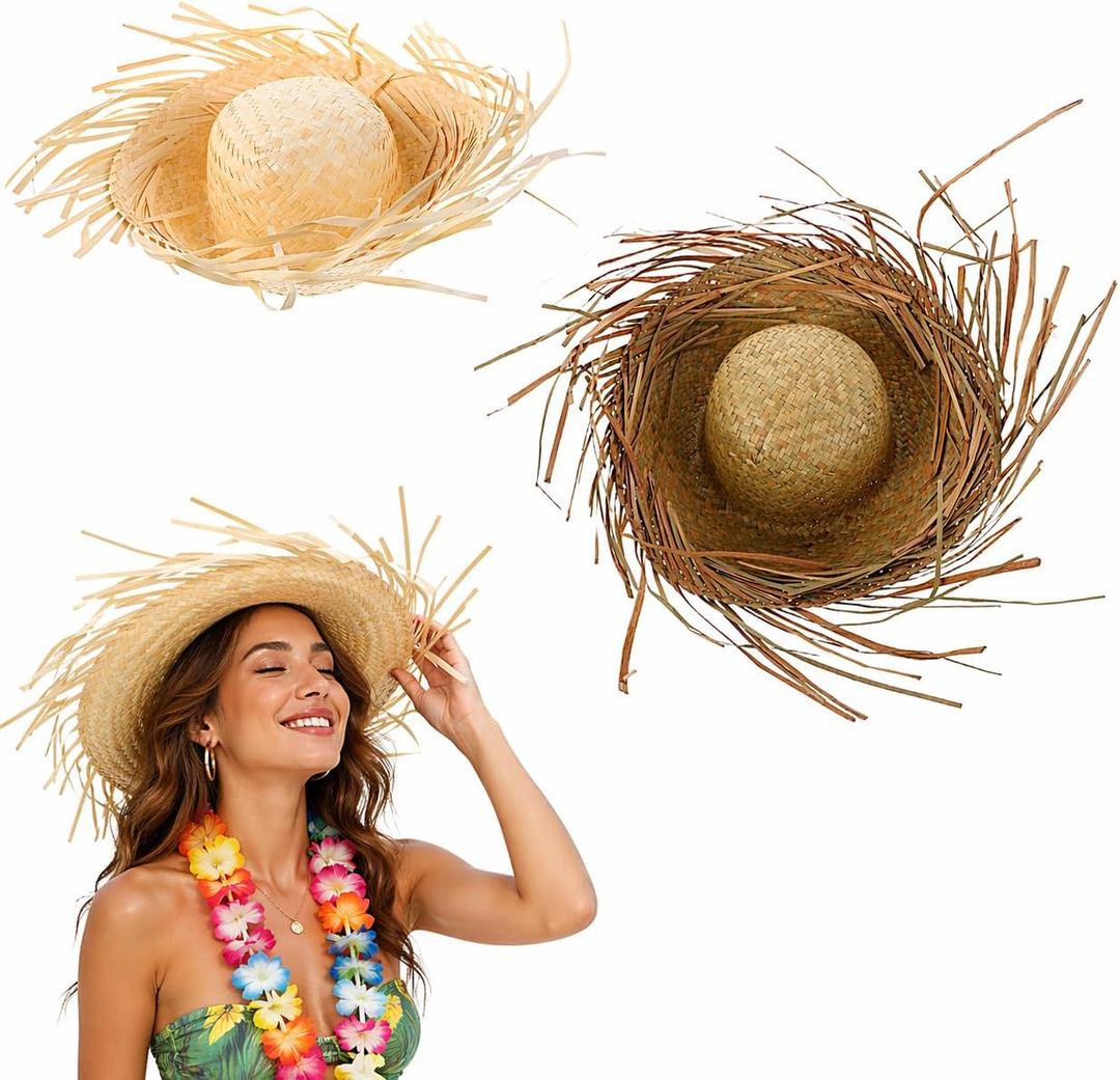 Garneck 2pcs Hawaiian Straw Hat: Woven Beach Sun Hats Packable Mexican Sombrero Headpiece for Luau Party Tropical Vacation Poolside Photos and Summer Travel