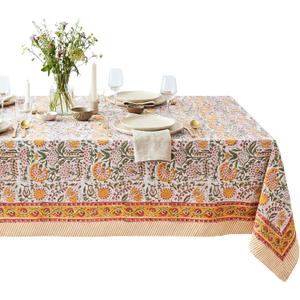 ATOSII Clover Yellow 100% Cotton Rectangle Fall Tablecloth, Handblock Floral Print Linen Table Cloth for Kitchen Dining I Parties, Outdoors, Christmas, Thanksgiving I 72 X 108 Inches I 8 Seater