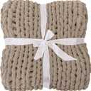 Bigacogo Chunky Knit Throw Blanket for Couch, 80x90 inches, 100% Hand Knitted with Thick Jumbo Chenille Yarn, Cozy Soft Large Rope Knot Cable Crochet Blankets for Sofa Bed Living Room, Taupe