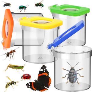 4 Pack Insect Bug Viewer for Kids with Tweezers Magnifying Box Observation Kit Catcher Container Cage Jar for Science Nature Exploration Collecting Kit