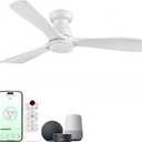 60 inch Smart White Flush Mount Ceiling Fans with Lights,Outdoor Low Profile Ceiling Fan Quiet DC Motor,Work with Alexa/Gg Voice Control/App/Remote,Dimmable,6-speed,3 Wood blades Fan for Patio,Porch