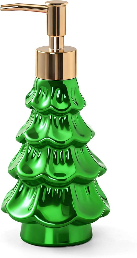 NOVAYEAH Christmas Soap Dispenser, Ceramic Green Holiday Christmas Tree Hand Dish Soap Dispenser, Refillable Leak Proof Decorative Pump Bottle for Bathroom Kitchen Countertop