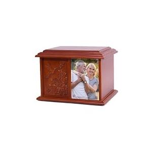 Double Companion Urn for 2 Adults Holds Up to 400 Cubic Inches Wooden Cremation Urn for Human Ashes with 4 x 6 Photo Frame Carved Cross Memorial Urn for Husband Wife Parents