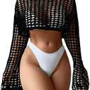 RoseSeek Women's Long Sleeve Crochet Cover Up Knitted Hollow Out Cropped Swimsuit Cover Ups Tops Large