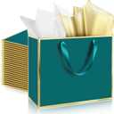 ReliThick 12 Pack Metallic Paper Gift Bag with Handles and Tissue Paper 11.8 x 10 x 4'' Thank You Favor Bag for Graduation Mother's Day Wedding Bridesmaid Groomsman 5 Senses Gifts (Turquoise,Gold)