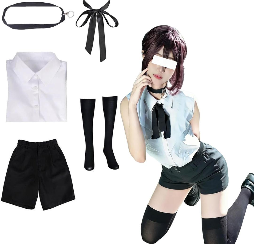 Women's Reze Costume, White Top, Black Pants Uniform, Halloween Full Set, Large