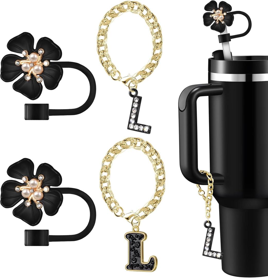 Straw Covers for Stanley Cup Accessories: Black Decorations for Stanley 30 oz & 40 oz Tumbler with Handle, Bling Letter Charms and Flower Silicone Straw Cap Topper, Trendy Stuff for Teen Girls & Women