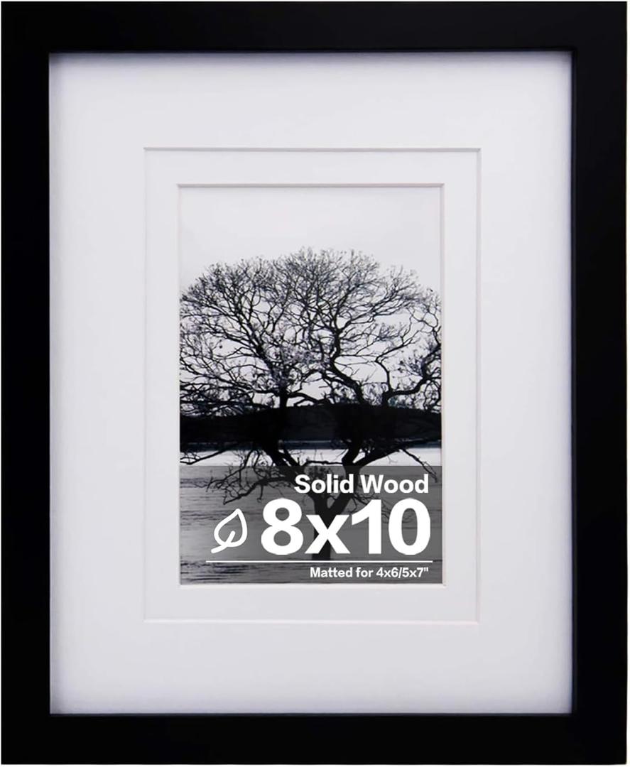 Egofine 8x10 Picture Frame Made of Solid Wood Covered by Plexiglass, for Pictures 4x6 or 5x7 with Mat or 8x10 Without Mat, Table Top Display and Wall Display Photo Frame, Black (Pack of 2)