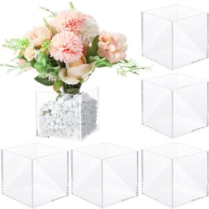 Meanplan 6 Pack Square Flower Vase, Acrylic Clear Cube Shape Flower Vase Decorative Centerpiece for Wedding Home Office Floral Decor(4 x 4 x 4 Inch)