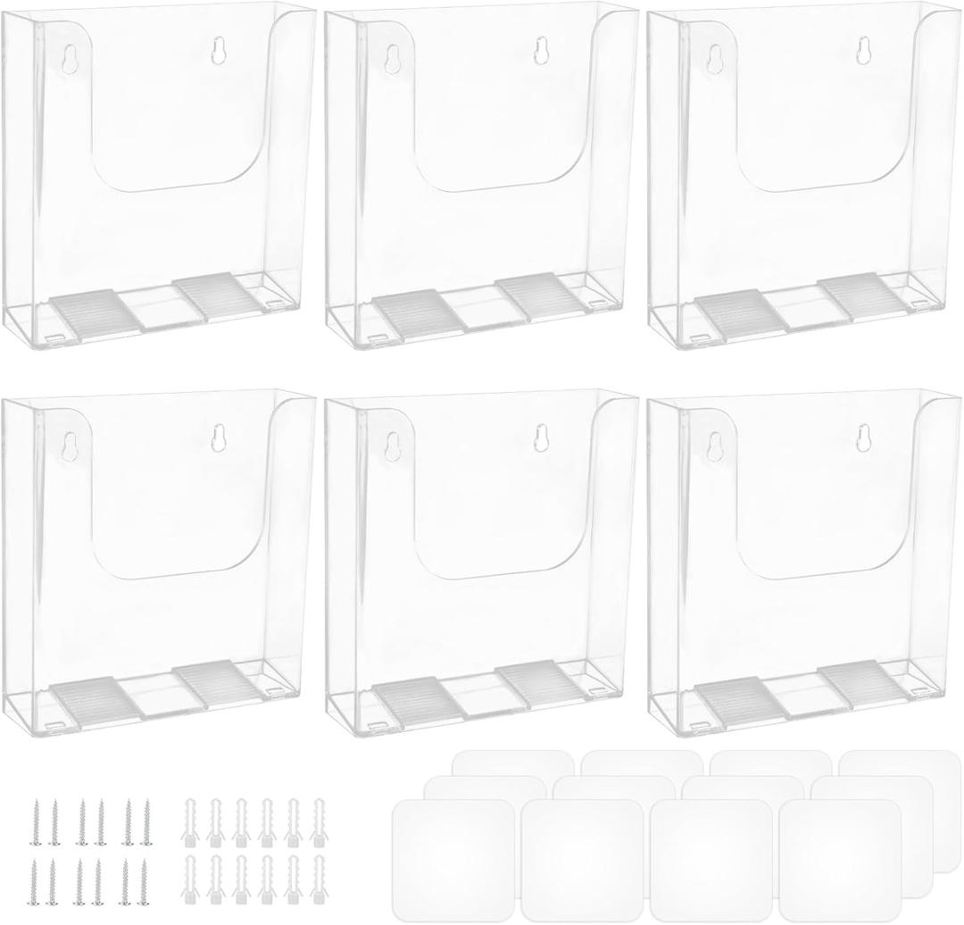 6 Pack A5 paper(6 x 9 In) Brochure Holder Wall Mount, Clear Acrylic Flyer Holder, Wall File Organizer Plastic Pamphlet Magazine Display Stand for Mail, Documents, Literature, Paper Storage