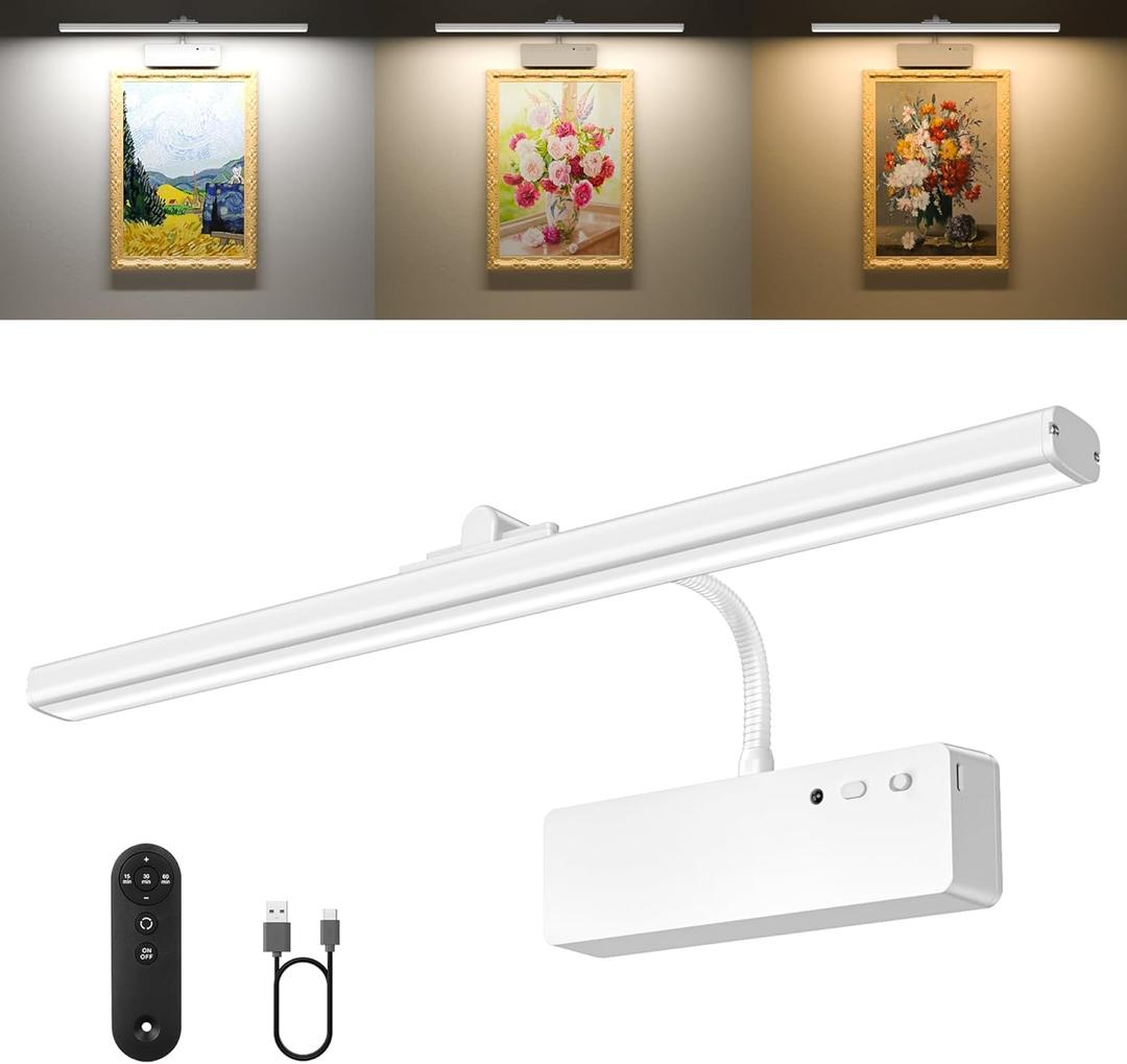 Picture Light, 15.35inch Wireless Picture Lights for Wall Rechargeable, 5400mAh Battery Wall Light with Remote, 3 Color Art Lighting for Paintings with Timer and Dimmable for Display, Gallery (White)