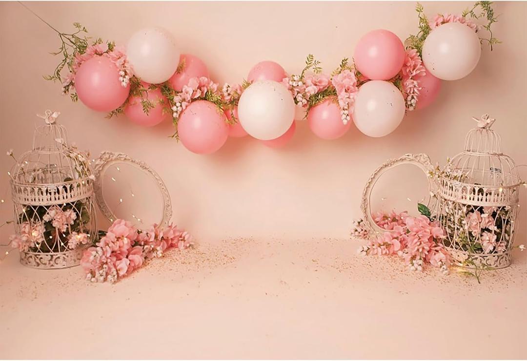 7x5ft Baby Girl Happy Birthday Backdrop Pink Balloons Floral Sweet Princess Photography Backgrounds Pink Baby Girl First Birthday Shower Cake Smash Backdrop Banner Decor Supplies Props