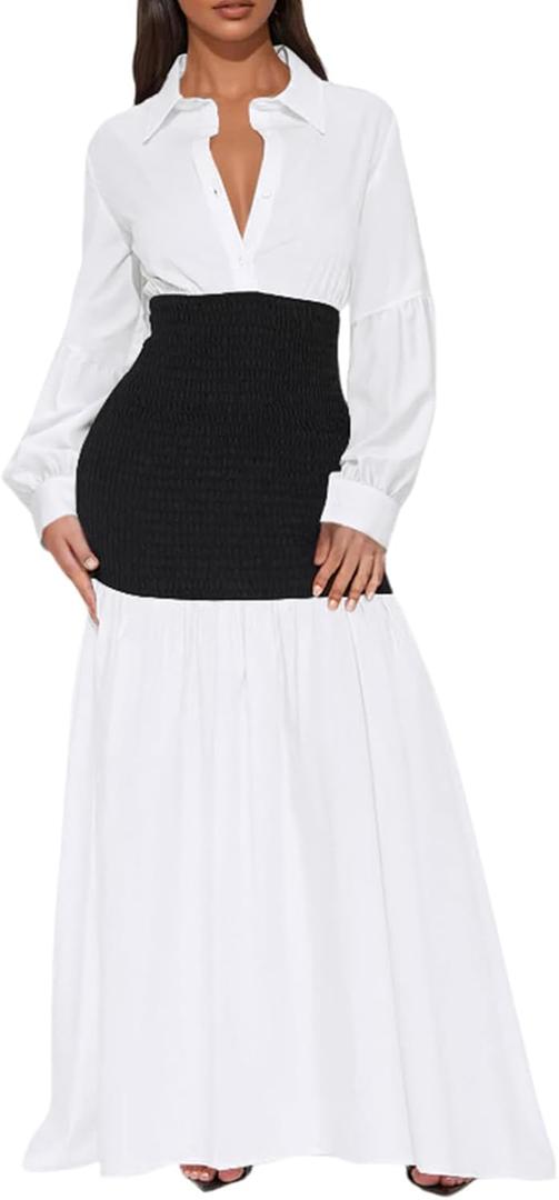 Ekaliy Women's Puff Long Sleeve Shirt Dress Elegant Button Down Loose Swing Party Maxi Dress (White, L)