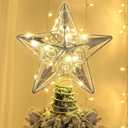 Juegoal Star Tree Topper with 20 LED Lights, Metal Silver Lighted Treetop Ornaments, Battery Powered Light Up Christmas Tree Decorations, 6.5 x 6.5 Inches