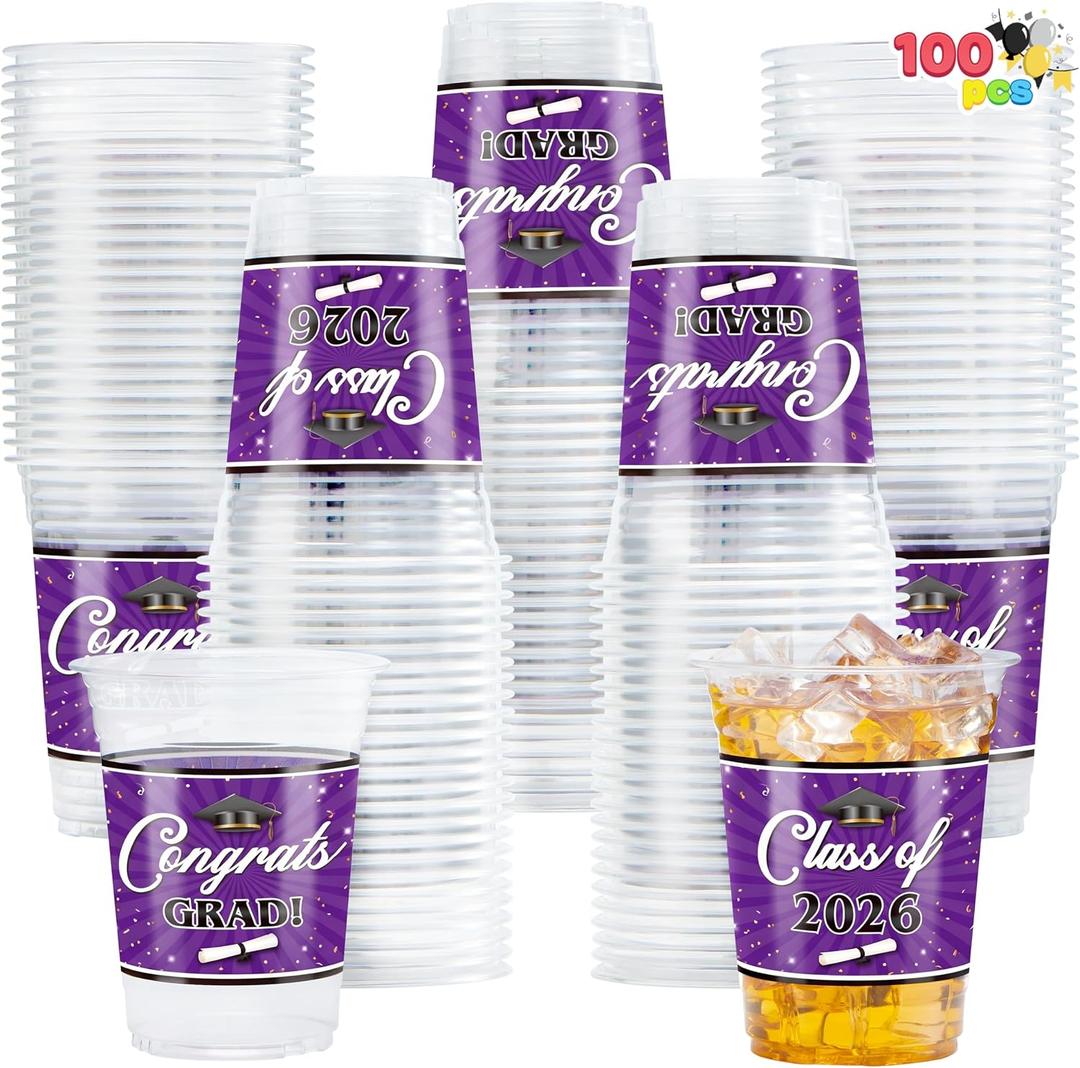 JOYIN 100 Pcs 16oz Graduation Party Plastic Cups (Purple), PET Cup Tableware Bulk for Class of 2026 Graduates, Grad Disposable Cups for 2026 High School College Graduation School Grad Party Supplies