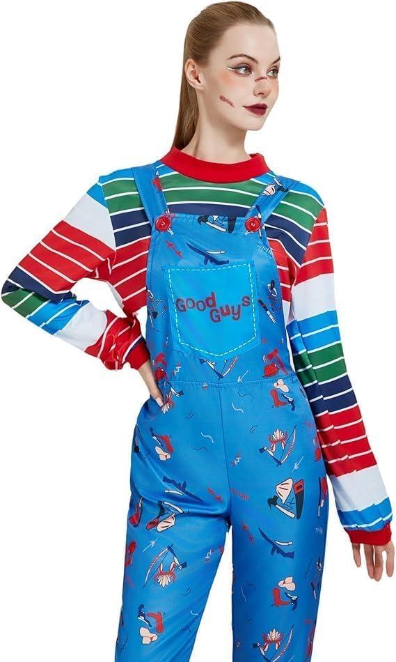 Women's Killer Doll Costume,Blue Cartoon Jumpsuit with Striped Shirt, Movie Inspired Cosplay Outfit (X-Large)