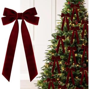 Burgundy Velvet Christmas Ornaments, 5x10 Inch Burgundy Bows for Christmas Tree Vintage Velvet Ribbon Holiday Decor for Home Door Wreath & Garland Indoor Decorations 10PCS