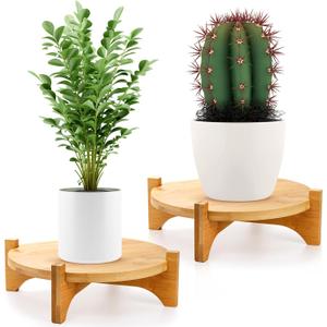 2 Pack Bamboo Plant Stand, Mid Century Modern Planter Stand, Detachable Flower Pot Holder, Sturdy Potted Plant Rack for Indoor Outdoor Garden Home, Fits Up to 8 Inch Planter (Pot Not Included)