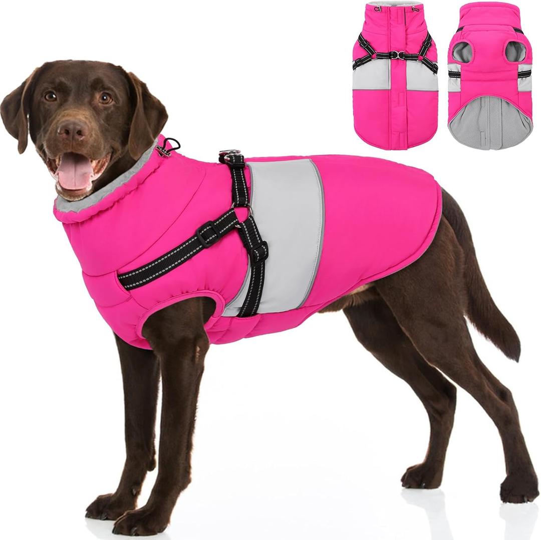 SUNFURA Dog Coat, XXL Dog Jacket Winter with Harness Built in, Waterproof Pet Snow Jacket with Furry Collar for Chilly Day, Reflective Fleece Snowsuit for Extra Large Dogs, Pink, 2XL