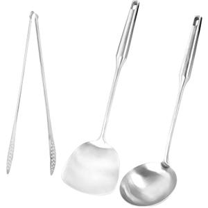 3-Piece Modern Stainless Steel Kitchen Utensil Set - Spatula, Ladle and Tongs - Long Handle Heat Resistant Grip - Non-Stick Cookware Set
