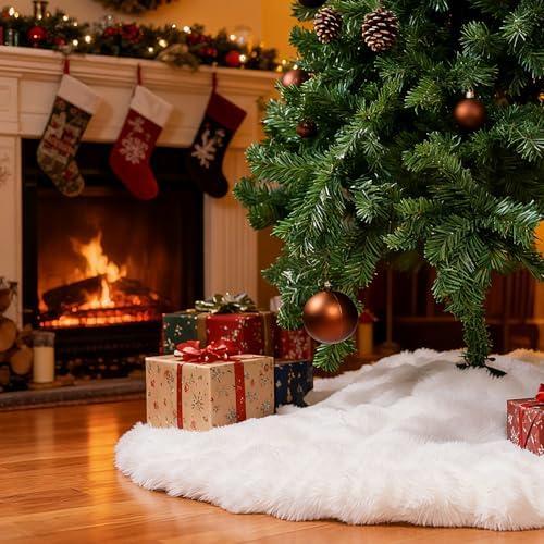 35 Inch Rabbit Fur Christmas Tree Skirt White Plush Skirt for Merry Christmas Party Christmas Tree Decoration