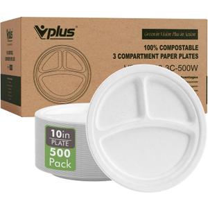 Vplus 100% Compostable Paper Plates, 500 Pack 10 Inch 3 Compartment Plates Disposable, Heavy Duty Biodegradable, Made of Sugar Cane Fibers, for Daily meals, Dinner, Parties, BBQ, 10 inch Large