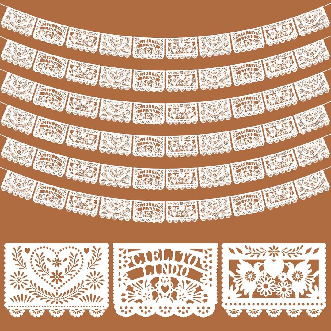TaoBary 6 Pack White Mexican Papel Picado 118 Feet Mexican Wedding Party Banner Cielito Lindo Party Decoration Dia De Los Muertos Decor Fiesta Banner for Mexico Wedding Supplies (Cielito Lindo)