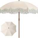 7ft Patio Umbrella with Fringe, Boho Beach Umbrellas, Outdoor Tassels Umbrellas with Push Button Tilt & Carrying Bag, 8 Windproof Fiberglass Ribs, UPF50+