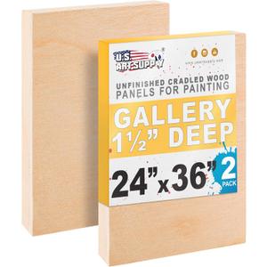 U.S. Art Supply 24" x 36" Unfinished Cradled Wood Panels for Painting, Gallery 1-1/2" Deep (2 Pack) - Artist Depth Wooden Wall Canvases - Mixed-Media Craft, Acrylic, Oil, Encaustic, Paint Pouring