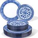 Hioasis 60pcs Blue Plastic Plates Set - Floral Blue & White Porcelain Design, 10.25" Dinner & 7.5" Dessert Plates Disposable for Wedding/Party (Dishwasher Safe, Art Style)
