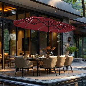 GREEN PARTY 13 ft Rectangle Patio Umbrella with Solar Lights, Double-Sided Market Table Umbrella with Crank, Large Outdoor Umbrellas for Patio Poolside Garden Backyard, Burgundy Red