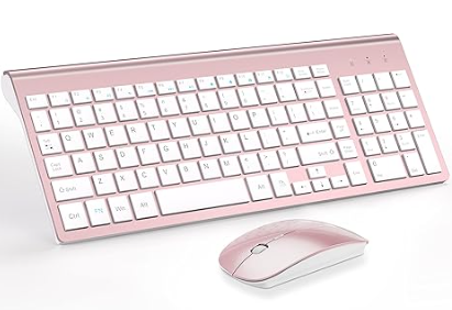 Wireless Keyboard and Mouse Ultra Slim Combo, TopMate 2.4G Silent Compact USB 2400DPI Mouse and Scissor Switch Keyboard Set with Cover, Batteries Included, for PC/Laptop/Windows/Mac  Rose Gold White