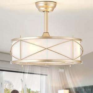 Bexilyny Gold Boho Fandelier Ceiling Fan with Light, 20" Gold Chandelier Ceiling Fans with Lights and Remote, Caged Boho Rattan with 6 Speeds for Living Room, Bedroom, Nursery