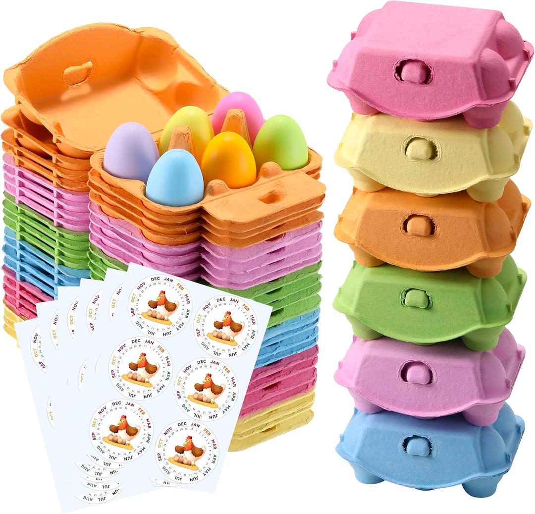 Half Dozen Egg Cartons 24 Pack, Colorful Blank Natural Pulp Egg Holder 6 Count for Chicken Eggs Reusable, Easter Color Storage Box for Holds Up to Six Container Basket Cardboard Paper, 24 Labels