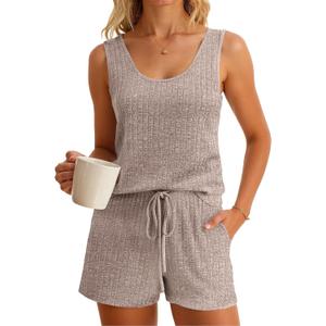 Imily Bela Womens Pajama Sets 2 Piece Sleeveless Summer Pjs Ribbed Knit Tank Top and Shorts Cute Lounge Sleepwear (Medium, Camel)