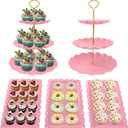 5 Pcs Dessert Table Display Set, Pink Plastic 2 Pcs Round 3 Tier Cupcake Stand Cup Cake Tower Stand with Metal Rod & 3 Pcs Serving Tray for Baby Shower, Tea Party, Wedding, Birthday Party