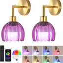 Battery Operated Wall Sconce Vintage Wall Lamp with Glass Lampshade,Wireless Wall Sconces Set of Two Rechargeable Battery Powered Wall Lights with Remote Control for Bedroom Living Room (WD-B8BE-GY0P)