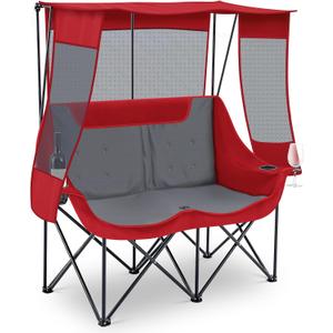 Teenyyou Double Camping Chair with Canopy Shade 660lbs Heavy Duty Beach Chair, Portable Folding 2 Person Camping Loveseat with Cup Holder and Storage Bag for Lawn Beach Outdoor Sport(Red and Grey), 47.2 inches x 20 inches x 13.5 inches