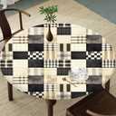 Neutral Patchwork Plaid Round Tablecloth Fitted Circle Table Cover with Elastic Edge, Waterproof & Washable Polyester Table Cloth for 43" to 54" Indoor/Outdoor Tables