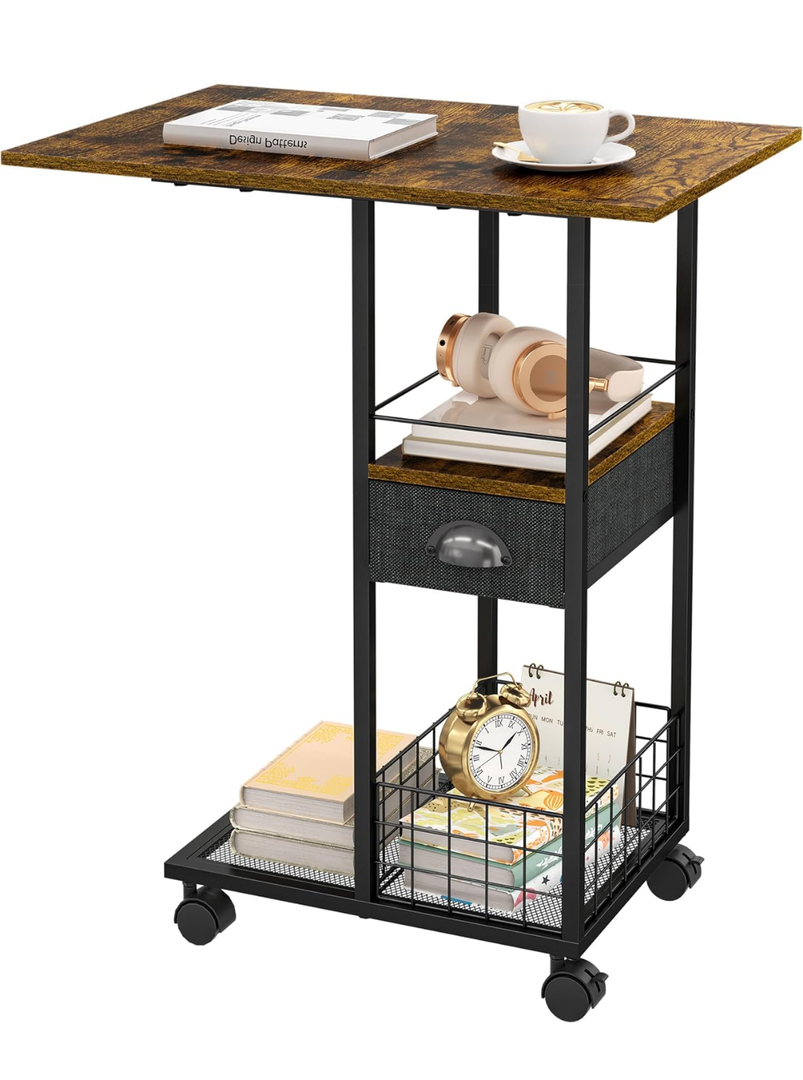 Rolling C-Shaped Side Table with Wheels and Oversized Wood Top, Mobile Overbed Stand with Drawer for Bed or Sofa, Metal Frame Couch Companion for Living Room, Bedroom, or Home Office (Large Desktop)