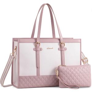 LOVEVOOK Laptop Bag for Women 15.6 inch Canvas Laptop Tote Bag, Large Capacity Work Bag with Clutch Purse, Computer Bag Office Business Briefcase, Casual Handbag for Travel College Teacher School (Sakura Pink)