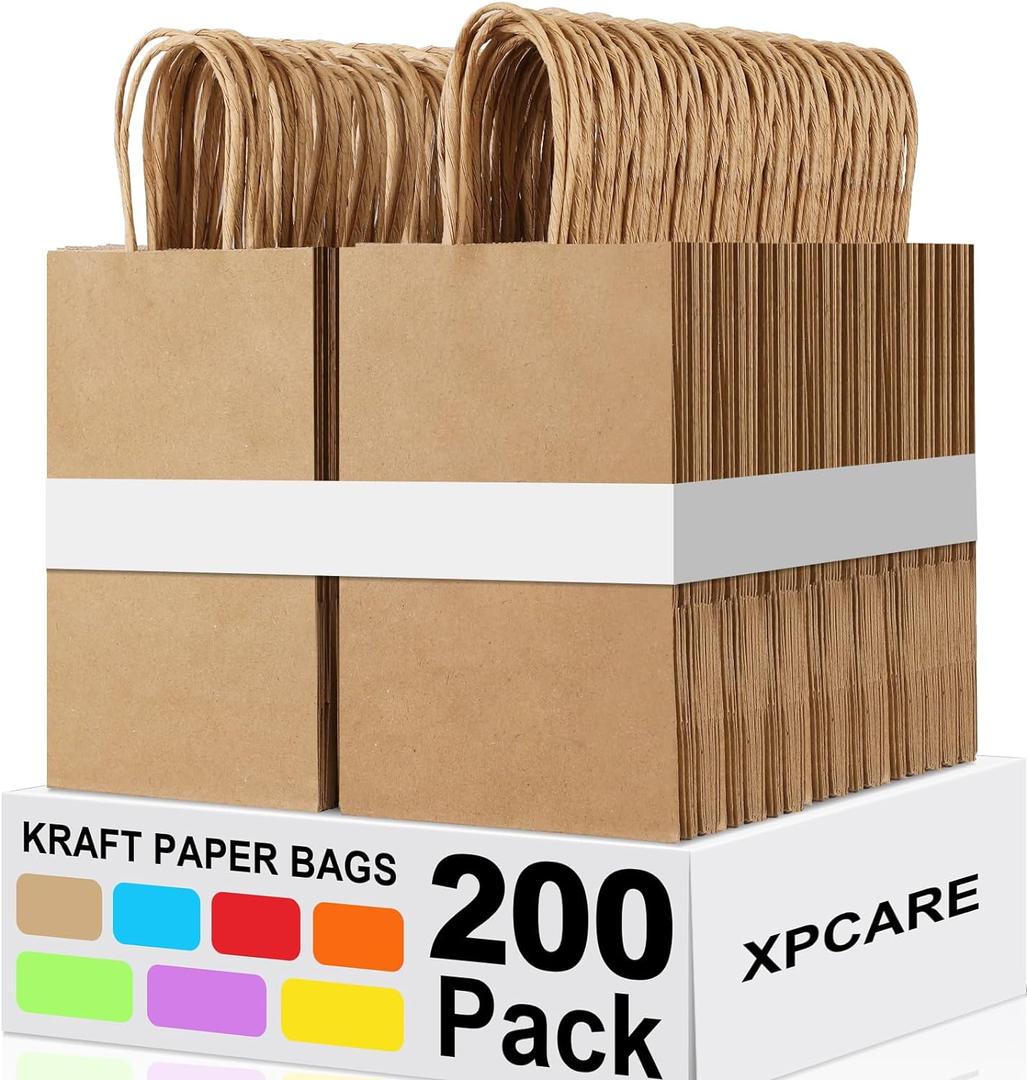 XPCARE 200Pcs Paper Gift Bags 5.25x3.25x8.25'',Gift Wrap Bags with Handles Brown Kraft Paper Bags for Small Business Paper Bags Bulk for Birthday Party Favors Shopping Retail (Brown-200Count)