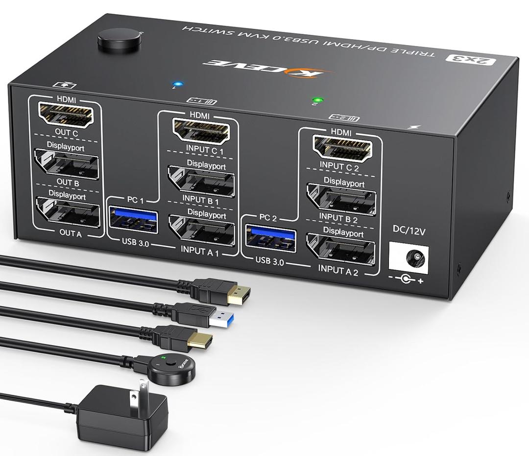 Triple Monitor KVM Switch 3 Monitors 2 Computers 8K@60Hz 4K@144Hz,MLEEDA HDMI+2 Displayport KVM Switch Triple Monitor for 2 Computers Share 3 Monitors and 4 USB3.0 Device,with Wired Remote and 5 Cable