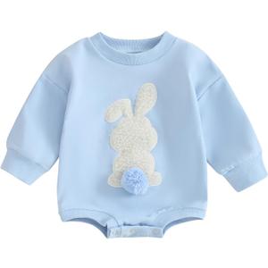 Toddler Baby Girl Clothes Cute Bunny Embroidery Long Sleeve Sweatshirt Romper Newborn Girl Boy Easter Outfit (0-6 Months, Blue)