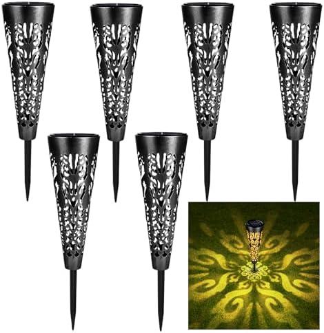 Pearlstar Solar Lights Outdoor Garden Decorative Pathway Lights Waterproof Unique LED Solar Stake Lights for Patio Yard Walkway Driveway Landscape Decor, Conical, Warm Lights, Black-6pack