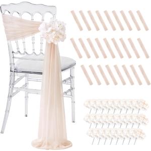 SoarDream Champagne Wedding Chair Sashes, 26 Pack Sheer Tulle with Artificial Hydrangea Accents for Ceremony, Reception & Banquet Home Chair Decorations